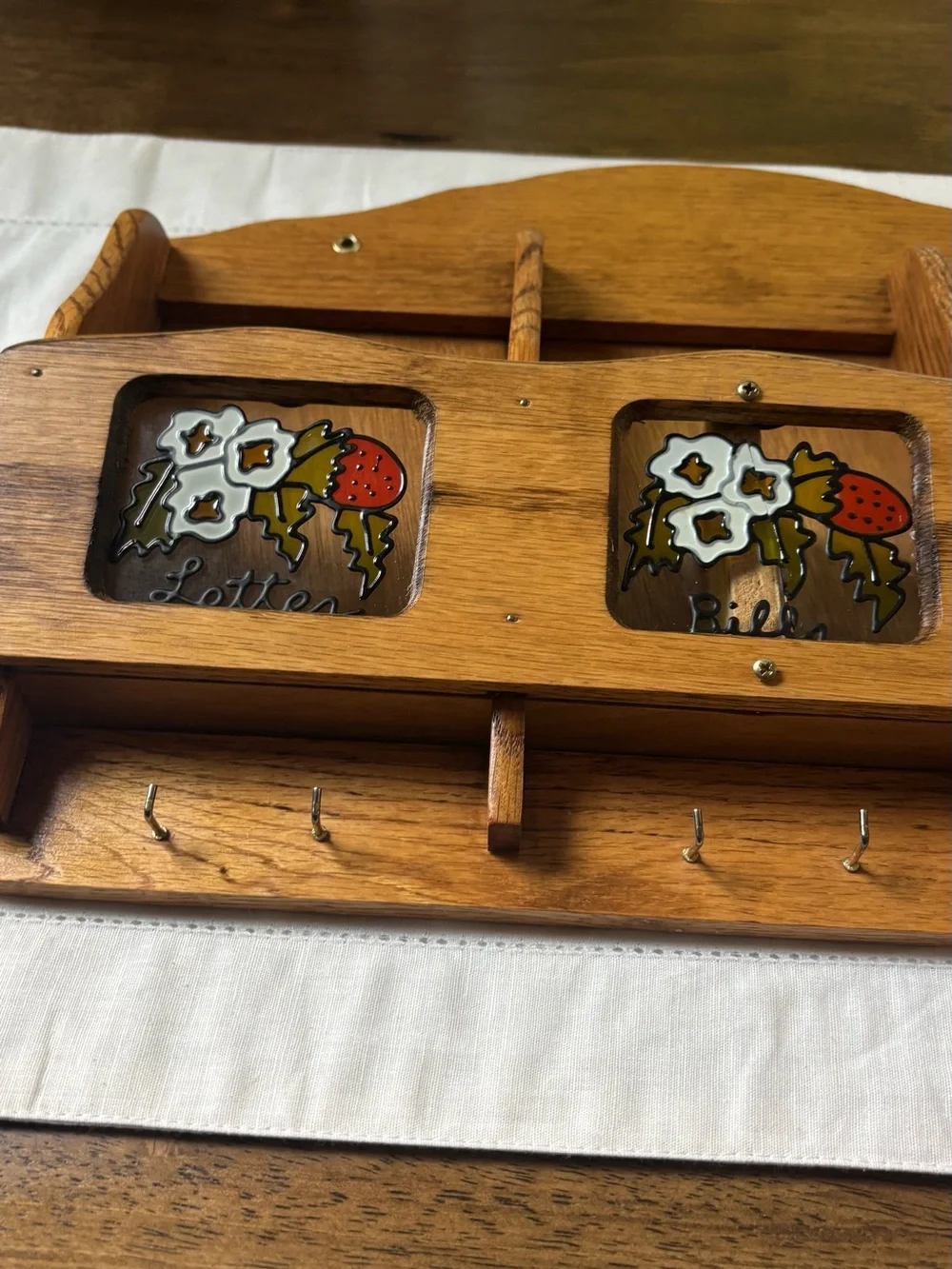 Vintage Wooden Wall Mail & Key Hanger with Strawberry Window Accents Cottagecore